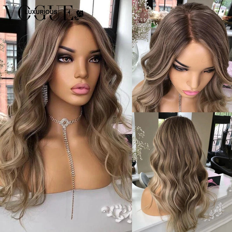 Ash Brown Highlight Colored Body Wave Lace Front Wig