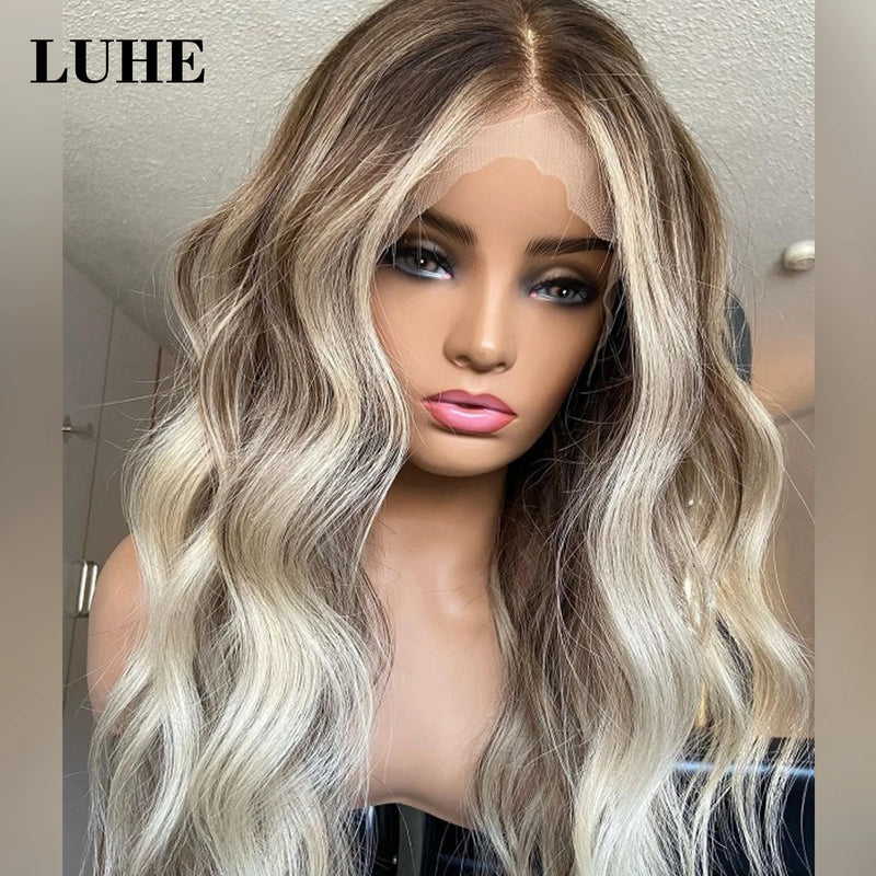 Short Ash Blonde Synthetic Lace Front Wig for Women with Long Wavy Ombre Brown Dark Root Daily Use