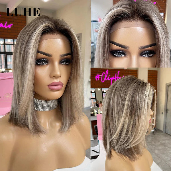 Short Straight Bob Synthetic Lace Front Wig for Women with Ombre Ash Blonde Highlight Color Daily Use