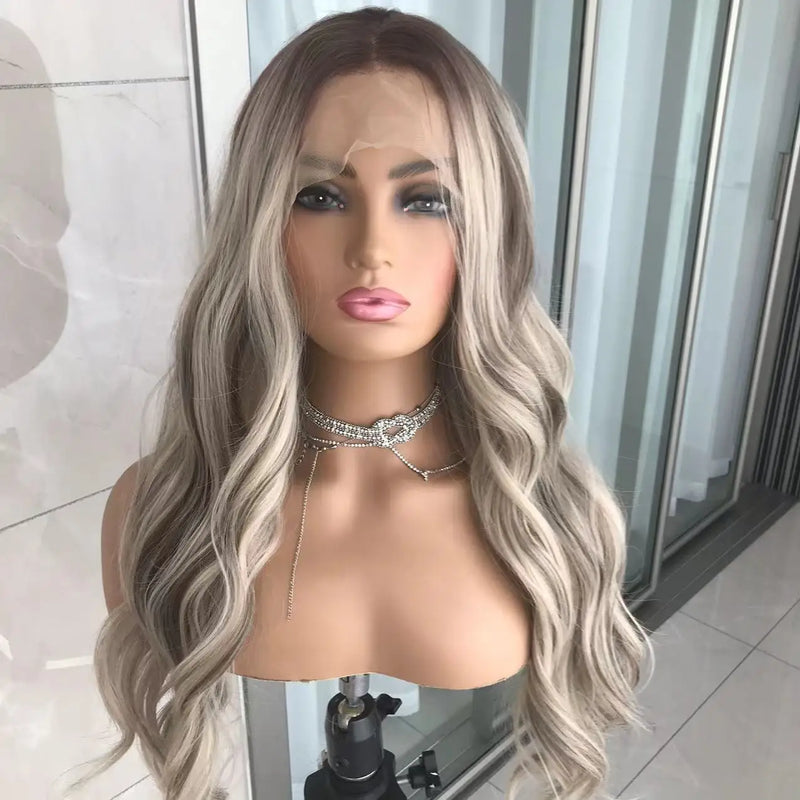 Ash Blonde Body Wave Lace Front Wig Pre Plucked Long Wavy Synthetic Lace Frontal for Women