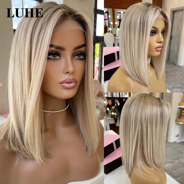 Short Bob Lace Frontal Wig for Women Ash Blonde Colored 13x3 Lace Front Highlight Dark Roots Synthetic Hair Straight