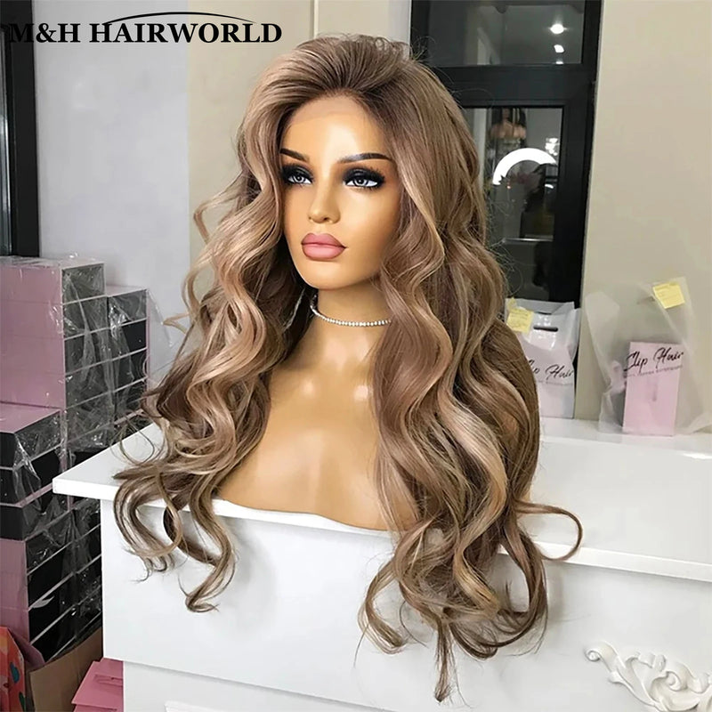 Short Ash Brown Blonde Synthetic Lace Front Wig Long Body Wave for Women Eye Catching