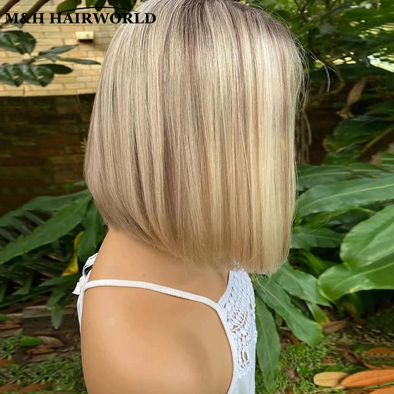 Short Straight Bob Ombre Ash Blonde Highlight Synthetic Wig 13x3 Lace Front for Women Eye Catching