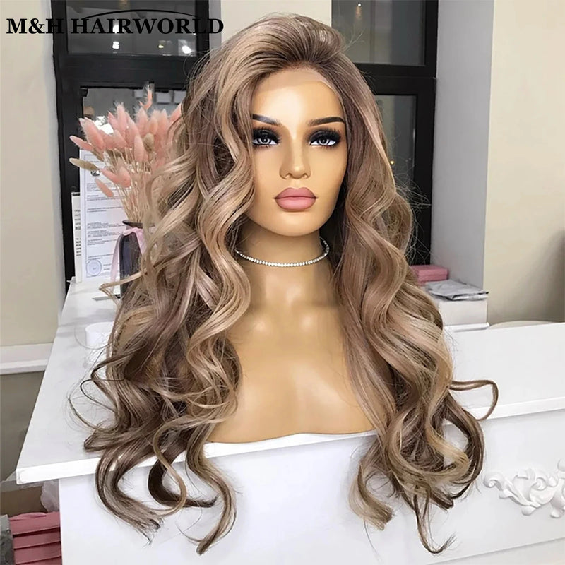 Short Ash Brown Blonde Synthetic Lace Front Wig Long Body Wave for Women Eye Catching