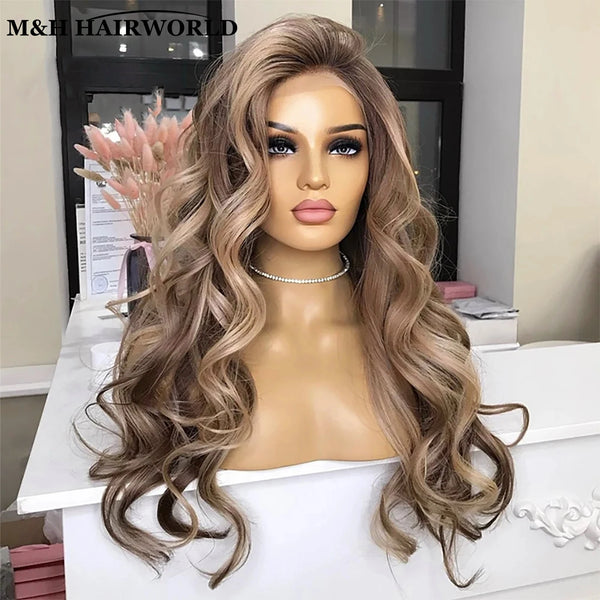 Short Ombre Synthetic Lace Front Wig 13x3 Natural Body Wave 30 Inch Long Hair for Women