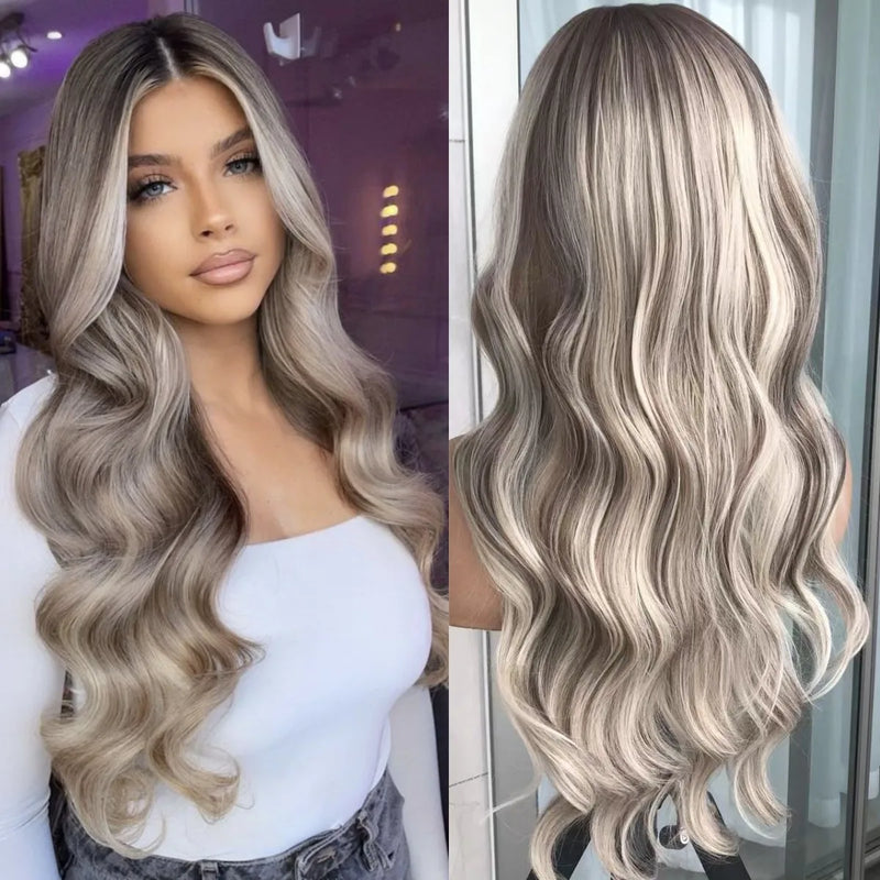 Ash Blonde Body Wave Lace Front Wig Pre Plucked Long Wavy Synthetic Lace Frontal for Women