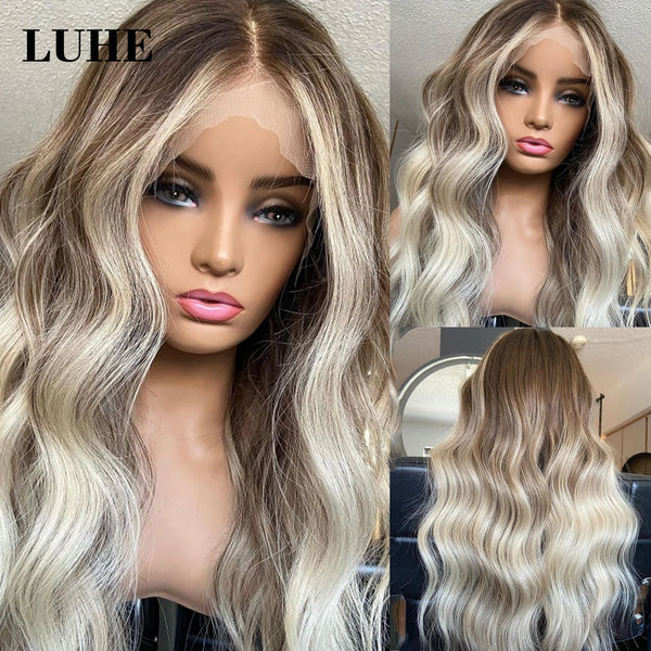 Short Ash Blonde Synthetic Lace Front Wig for Women with Long Wavy Ombre Brown Dark Root Daily Use