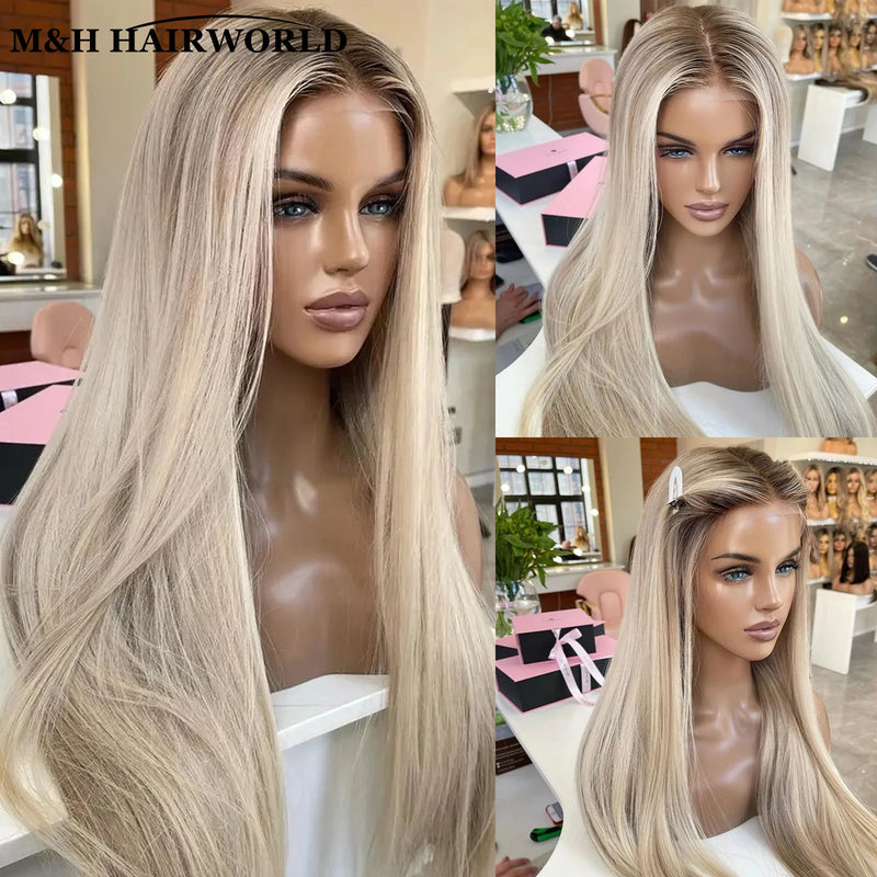 Ombre Ash Blonde 13x3 Curly Synthetic Lace Front Wig Baby Hair 30Inch Long Wavy Frontal Lace Wig for Women