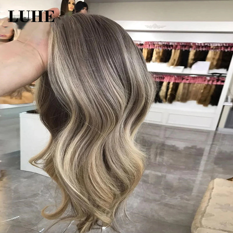 Ombre Ash Blonde Highlight Color Lace Front Synthetic Hair Wig 16Inch Short Body Wave 13x3 Lace Frontal Wigs for Women Daily Use