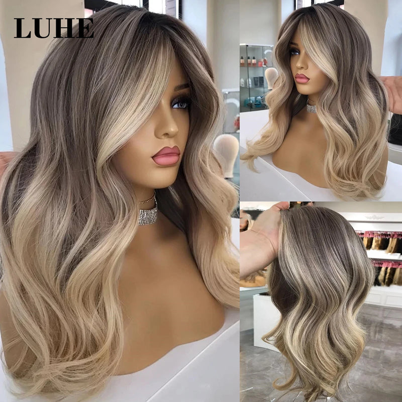 Ombre Ash Blonde Highlight Color Lace Front Synthetic Hair Wig 16Inch Short Body Wave 13x3 Lace Frontal Wigs for Women Daily Use