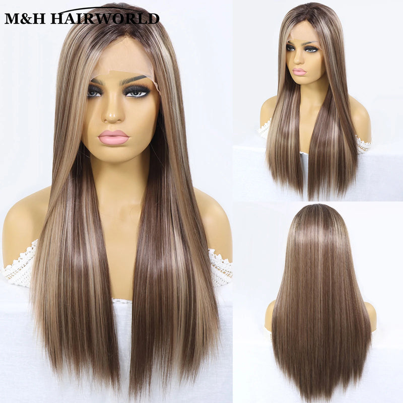 Short Ash Brown Blonde Synthetic Lace Front Wig Long Body Wave for Women Eye Catching