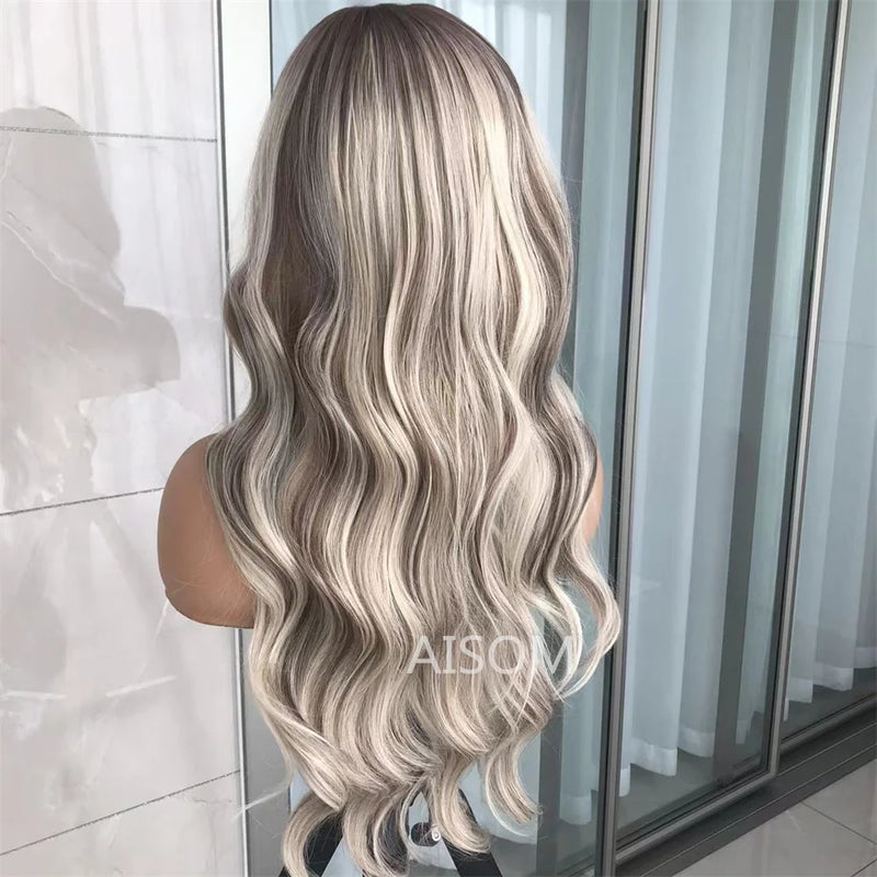 Ash Blonde Body Wave Lace Front Wig Pre Plucked Long Wavy Synthetic Lace Frontal for Women