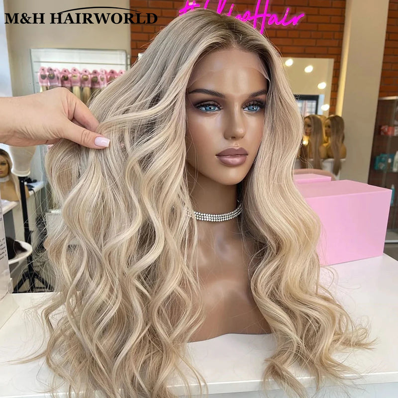 Ombre Ash Blonde 13x3 Curly Synthetic Lace Front Wig Baby Hair 30Inch Long Wavy Frontal Lace Wig for Women