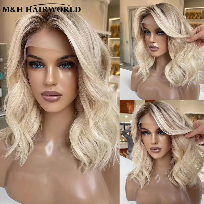 Short Straight Bob Ombre Ash Blonde Highlight Synthetic Wig 13x3 Lace Front for Women Eye Catching