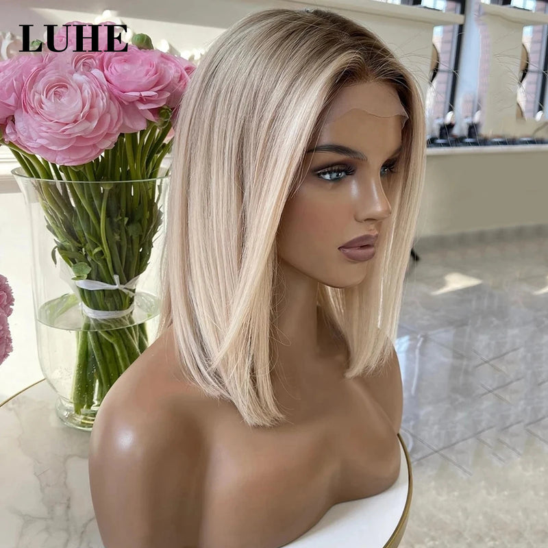 Short Straight Bob Lace Front Wig with Brown Root Ombre Ash Blonde Highlight for Women