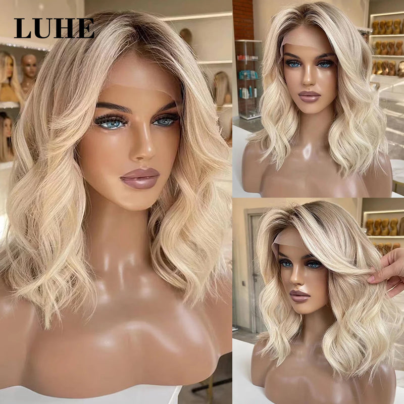 Short Straight Bob Lace Front Wig with Brown Root Ombre Ash Blonde Highlight for Women