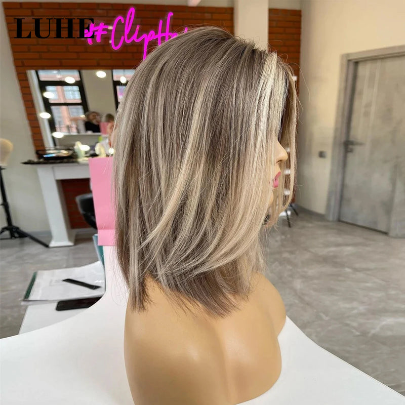 Short Straight Bob Synthetic Lace Front Wig for Women with Ombre Ash Blonde Highlight Color Daily Use