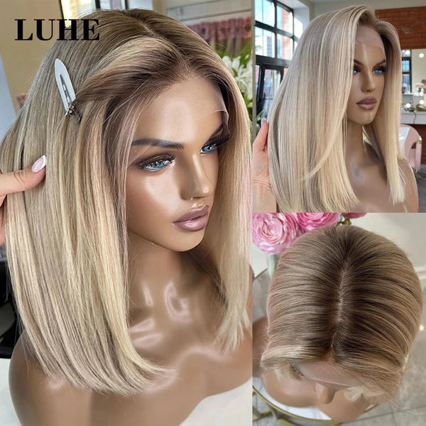 Short Straight Bob Lace Front Wig with Brown Root Ombre Ash Blonde Highlight for Women