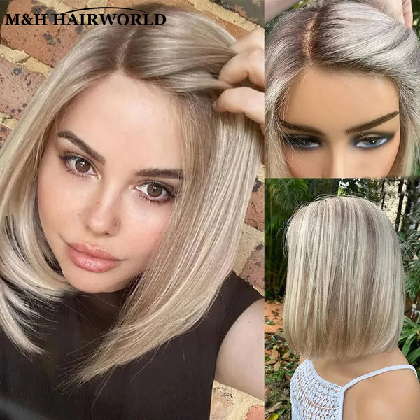 Short Straight Bob Ombre Ash Blonde Highlight Synthetic Wig 13x3 Lace Front for Women Eye Catching