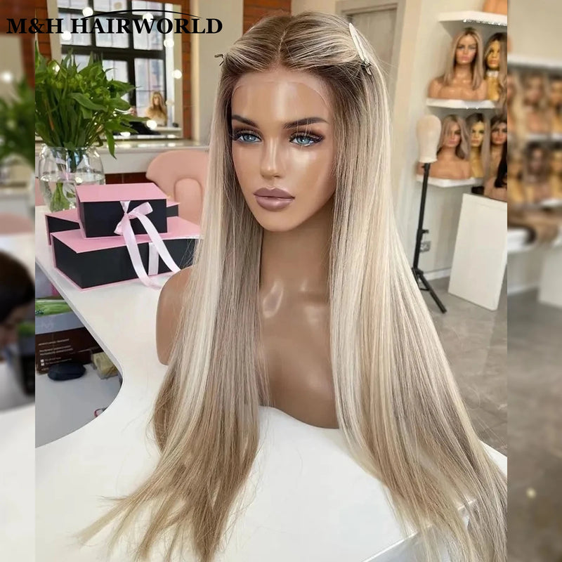 Ombre Ash Blonde 13x3 Curly Synthetic Lace Front Wig Baby Hair 30Inch Long Wavy Frontal Lace Wig for Women