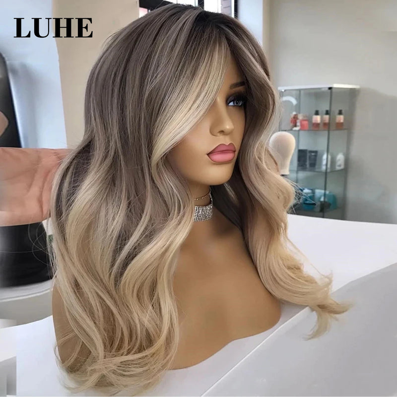 Ombre Ash Blonde Highlight Color Lace Front Synthetic Hair Wig 16Inch Short Body Wave 13x3 Lace Frontal Wigs for Women Daily Use