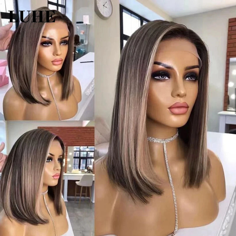 Short Straight Bob Synthetic Lace Front Wig for Women with Ombre Ash Blonde Highlight Color Daily Use