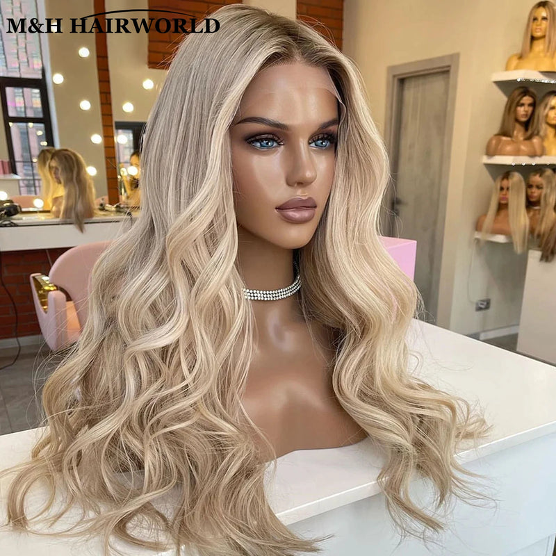 Ombre Ash Blonde 13x3 Curly Synthetic Lace Front Wig Baby Hair 30Inch Long Wavy Frontal Lace Wig for Women