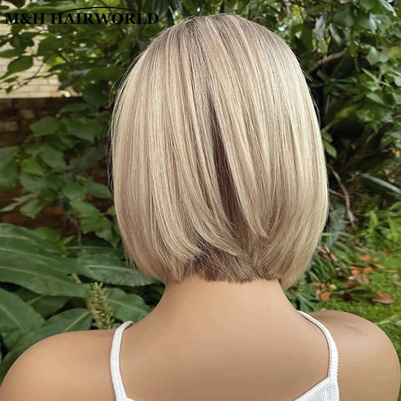 Short Straight Bob Ombre Ash Blonde Highlight Synthetic Wig 13x3 Lace Front for Women Eye Catching