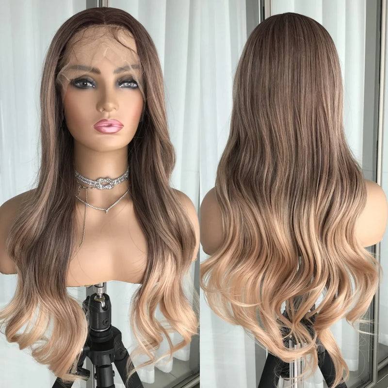 Ash Blonde Body Wave Lace Front Wig Pre Plucked Long Wavy Synthetic Lace Frontal for Women