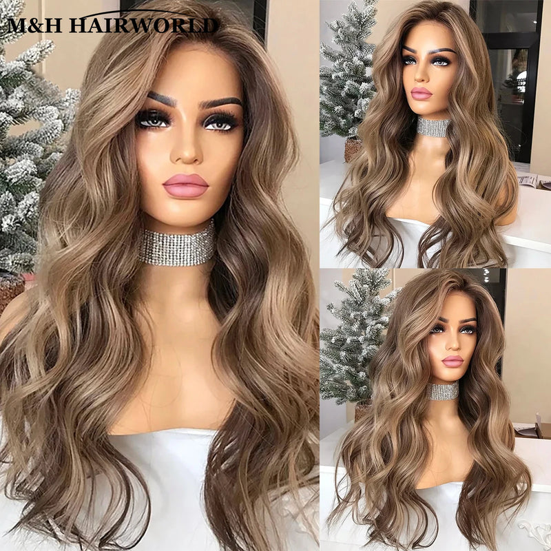 Short Ash Brown Blonde Synthetic Lace Front Wig Long Body Wave for Women Eye Catching