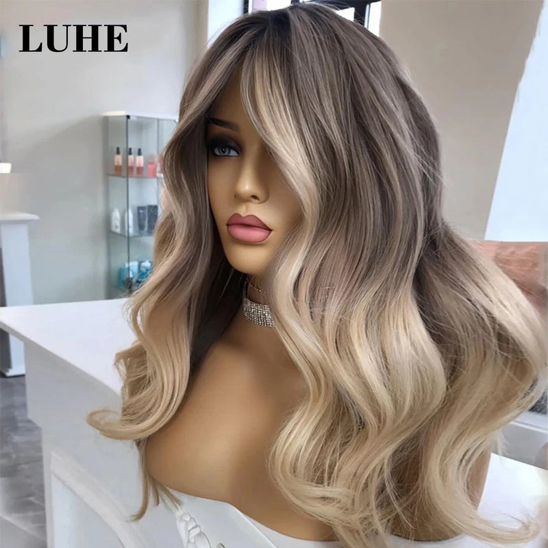 Ombre Ash Blonde Highlight Color Lace Front Synthetic Hair Wig 16Inch Short Body Wave 13x3 Lace Frontal Wigs for Women Daily Use