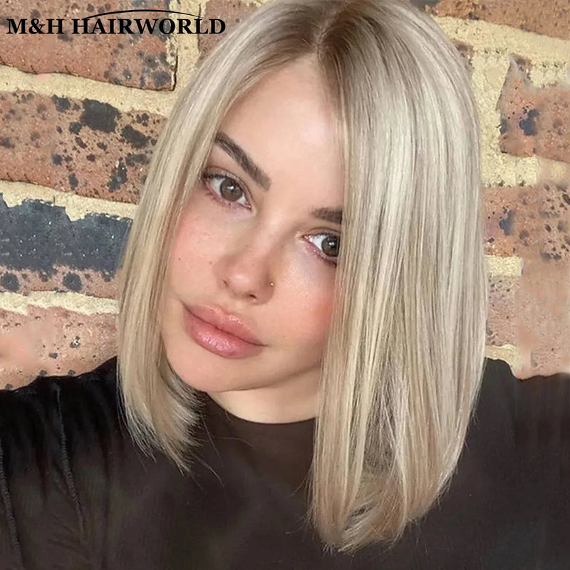 Short Straight Bob Ombre Ash Blonde Highlight Synthetic Wig 13x3 Lace Front for Women Eye Catching