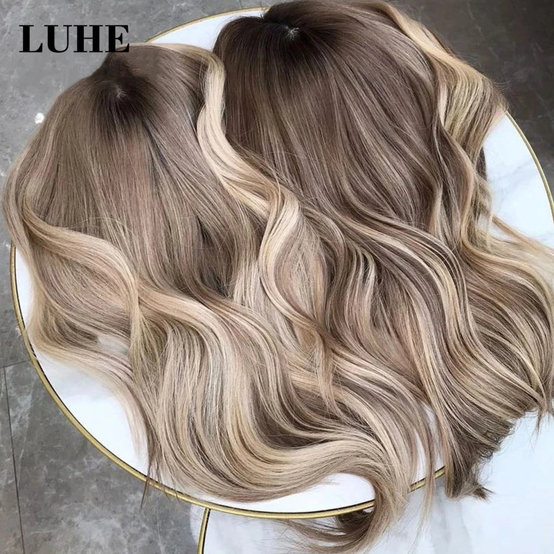 Ombre Ash Blonde Highlight Color Lace Front Synthetic Hair Wig 16Inch Short Body Wave 13x3 Lace Frontal Wigs for Women Daily Use