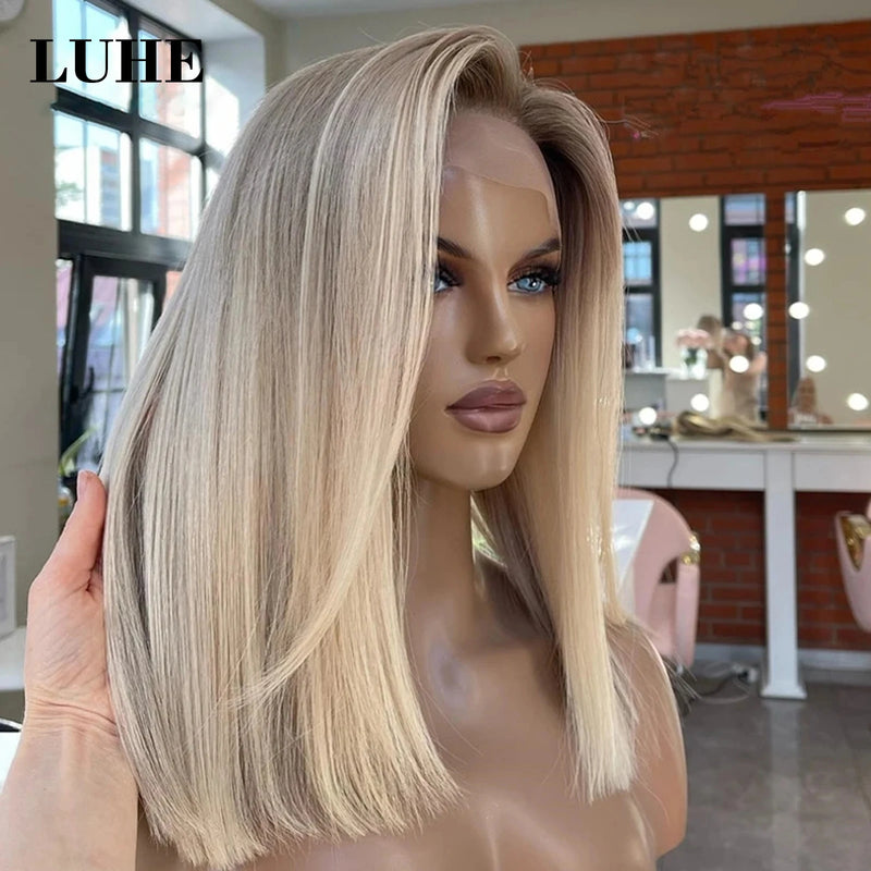 Short Straight Bob Lace Front Wig with Brown Root Ombre Ash Blonde Highlight for Women