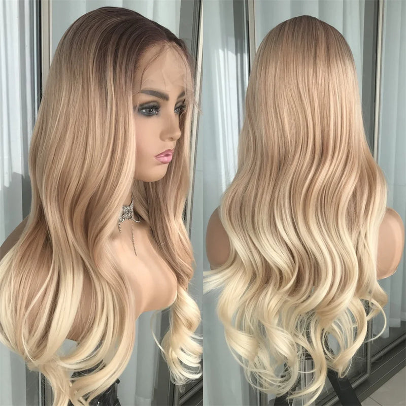 Ash Blonde Body Wave Lace Front Wig Pre Plucked Long Wavy Synthetic Lace Frontal for Women