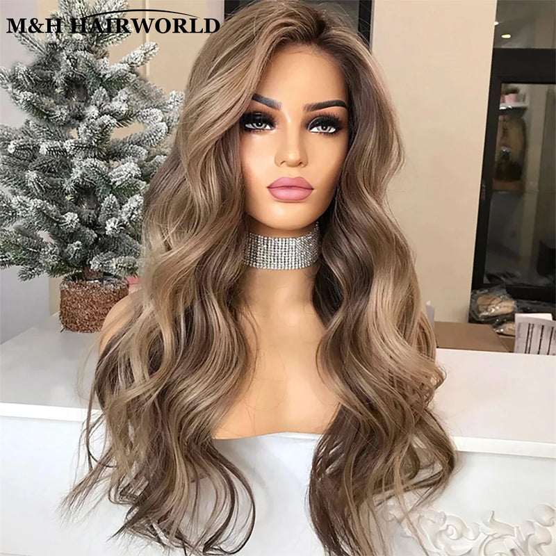 Short Ombre Synthetic Lace Front Wig 13x3 Natural Body Wave 30 Inch Long Hair for Women