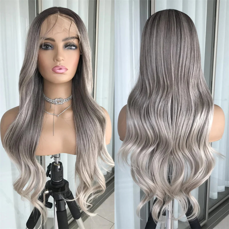 Ash Blonde Body Wave Lace Front Wig Pre Plucked Long Wavy Synthetic Lace Frontal for Women