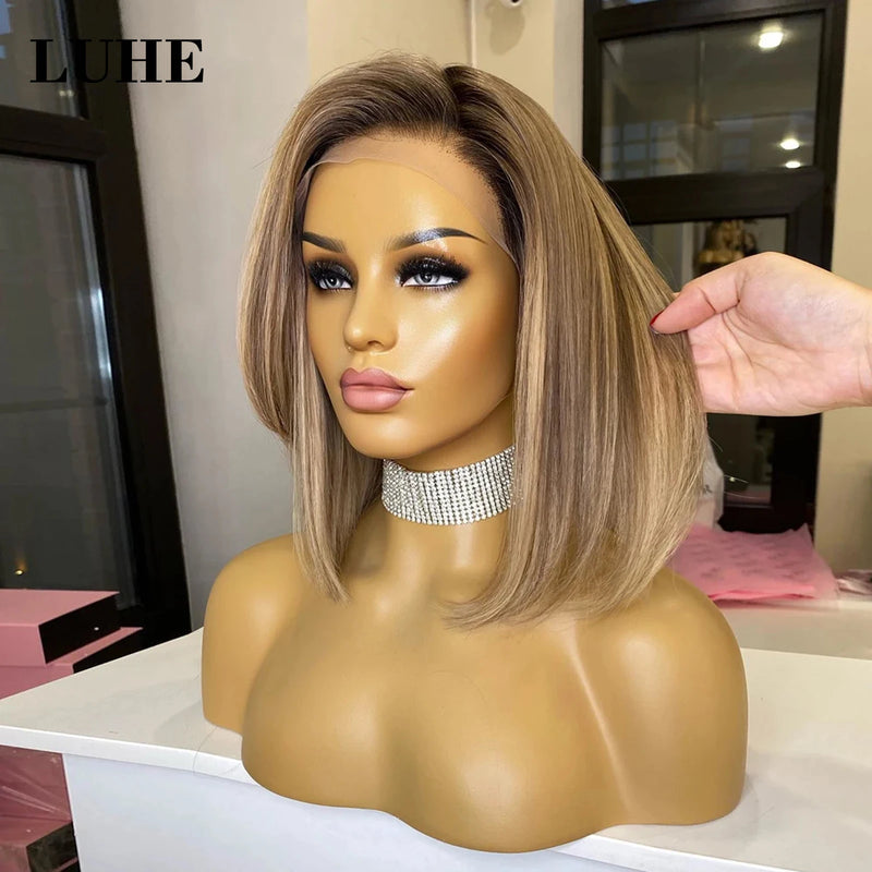 Short Straight Bob Synthetic Lace Front Wig for Women with Ombre Ash Blonde Highlight Color Daily Use