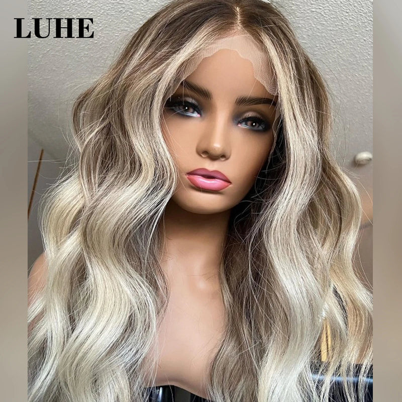 Short Ash Blonde Synthetic Lace Front Wig for Women with Long Wavy Ombre Brown Dark Root Daily Use