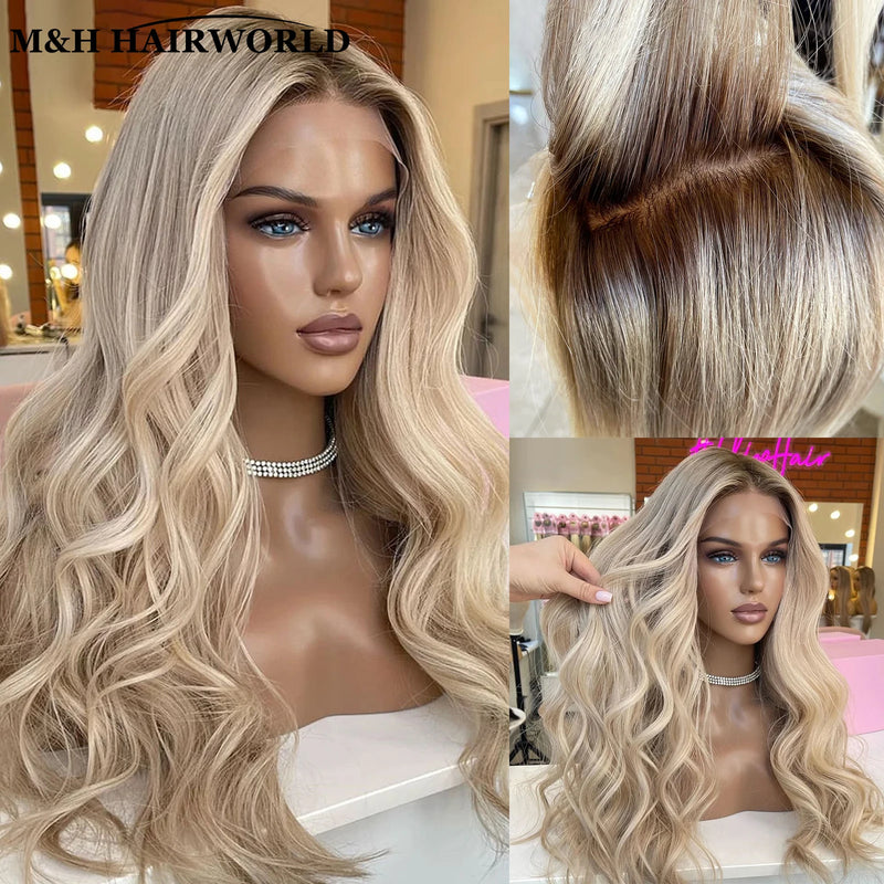 Ombre Ash Blonde 13x3 Curly Synthetic Lace Front Wig Baby Hair 30Inch Long Wavy Frontal Lace Wig for Women