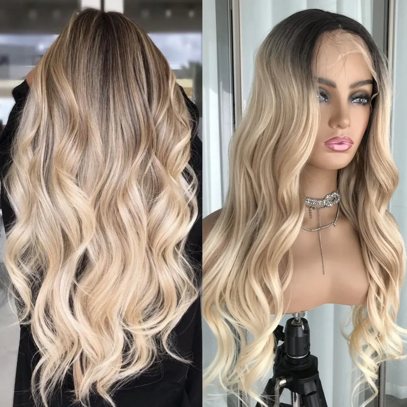 Ash Blonde Body Wave Lace Front Wig Pre Plucked Long Wavy Synthetic Lace Frontal for Women