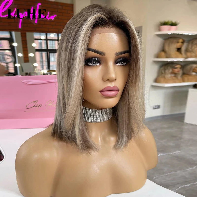 Short Straight Bob Synthetic Lace Front Wig for Women with Ombre Ash Blonde Highlight Color Daily Use