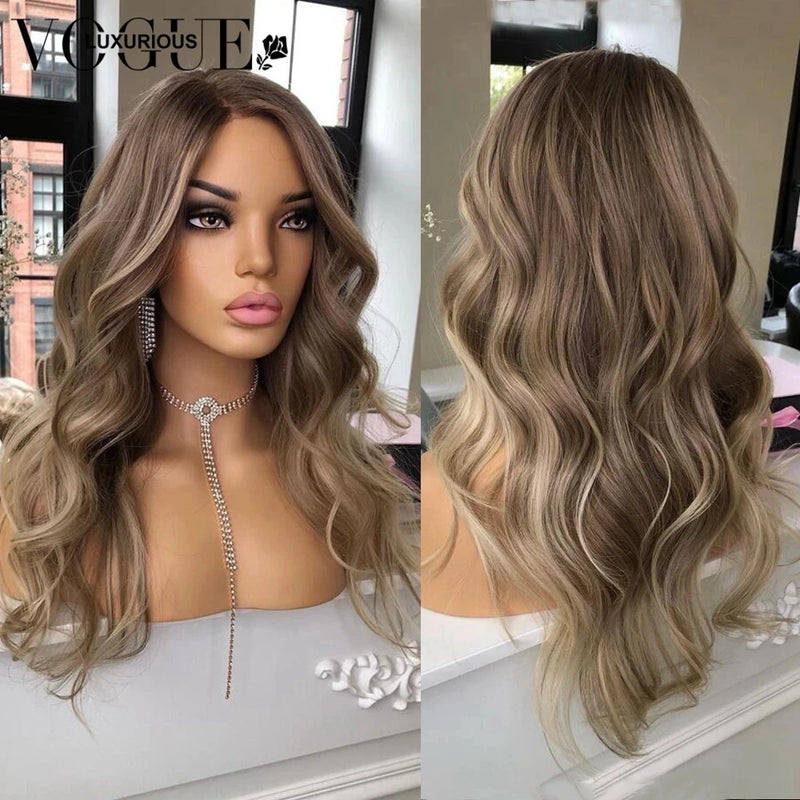 Ash Brown Highlight Colored Body Wave Lace Front Wig